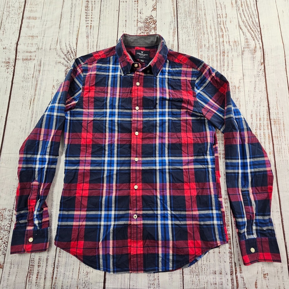 American Eage Red Plaid Long‎ Sleeve Button-Up Cotton Shirt Men's S